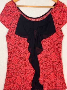 Y2K Sheer Lace Red Patterned Cap-Sleeve Scoop Neck Top by Yetts Size Large